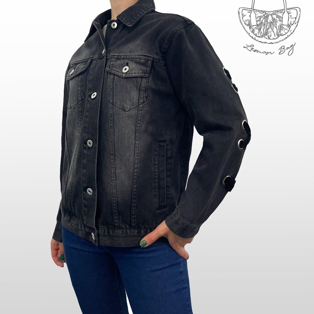 Love Tree / Jean Jacket Decor on the Back/ Black Grey / Size S - Picture 2 of 8